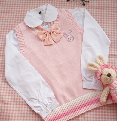 taobao agent Autumn Japanese school skirt, cute rabbit, vest, fuchsia fresh knitted tank top, jacket, V-neckline