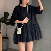 Váy bà bầu mùa hè Hàn Quốc Phụ nữ mang thai áo thun lưới dài rộng cổ tròn tay áo ngắn siêu cổ áo bà bầu cotton - Áo thai sản