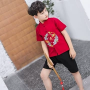 Mùa hè trẻ em mới Quần áo Trung Quốc Gió trẻ em Trung Quốc quần áo cotton và vải lanh ngắn tay harem quần thêu bé trai Hanfu phù hợp - Khác