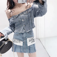 2018 mùa hè mới sinh viên Hàn Quốc dài tay Slim đơn ngực viền màu rắn đa năng sling denim áo khoác ngắn nữ áo măng to nữ ngắn