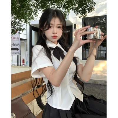 taobao agent White student pleated skirt, summer fitted brace, sexy short jacket, with short sleeve