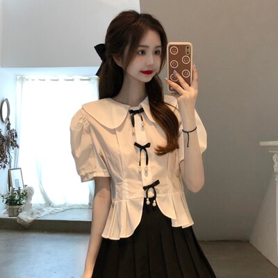 taobao agent Summer sexy short shirt, Korean style, doll collar, puff sleeves