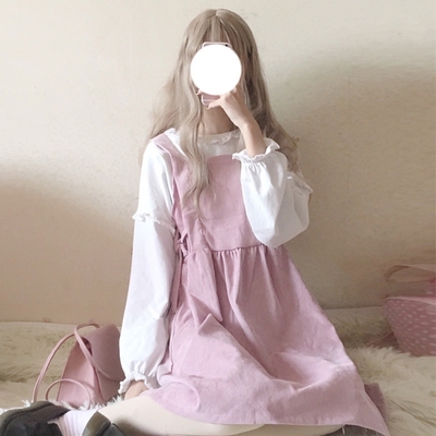 taobao agent Japanese cute retro corduroy suspenders, dress, long-sleeve