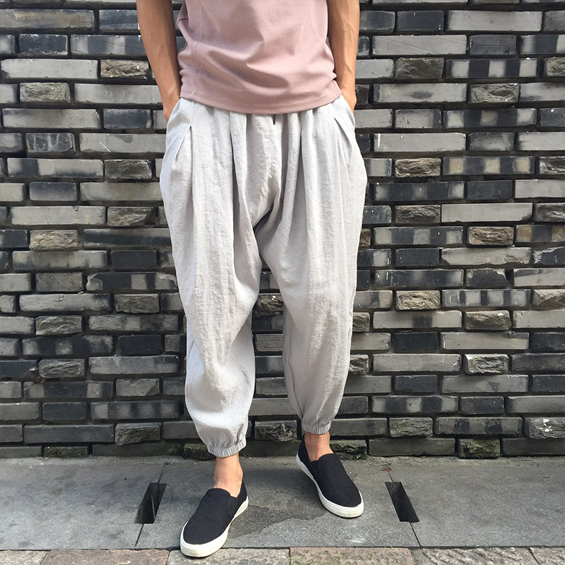 2017夏季日系男薄款灯笼裤亚麻裤棉麻哈伦裤宽松休闲裤子k81-p60