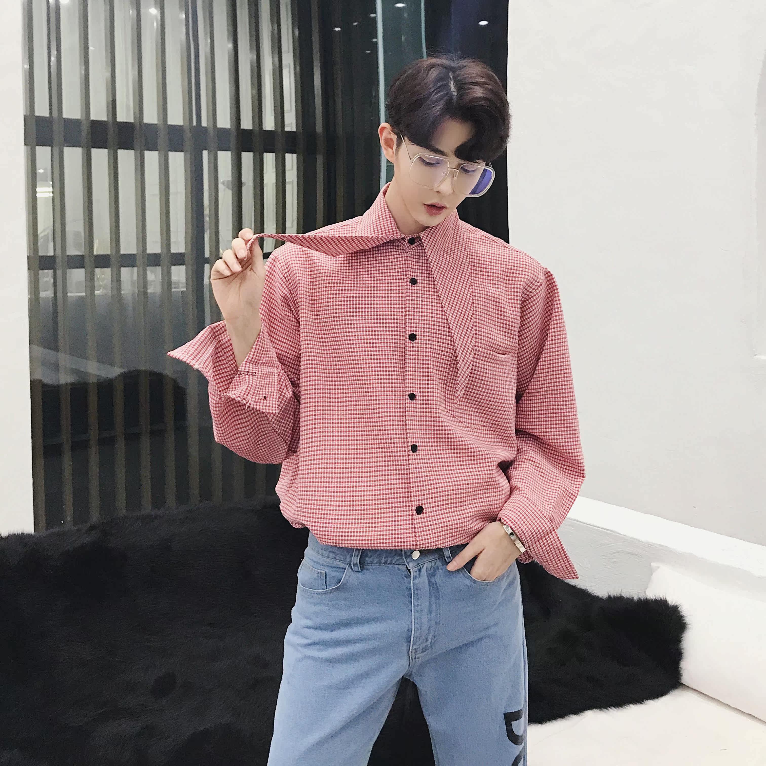 18年千鸟格个性大领子衬衫男港风文艺男衬衫大货以出628-p60