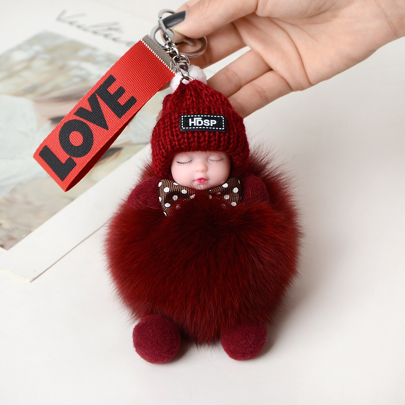 Claretlovely sleep doll Bag Pendant knapsack Hanging decoration Real hair Fox  Hairball automobile Key buckle Plush doll