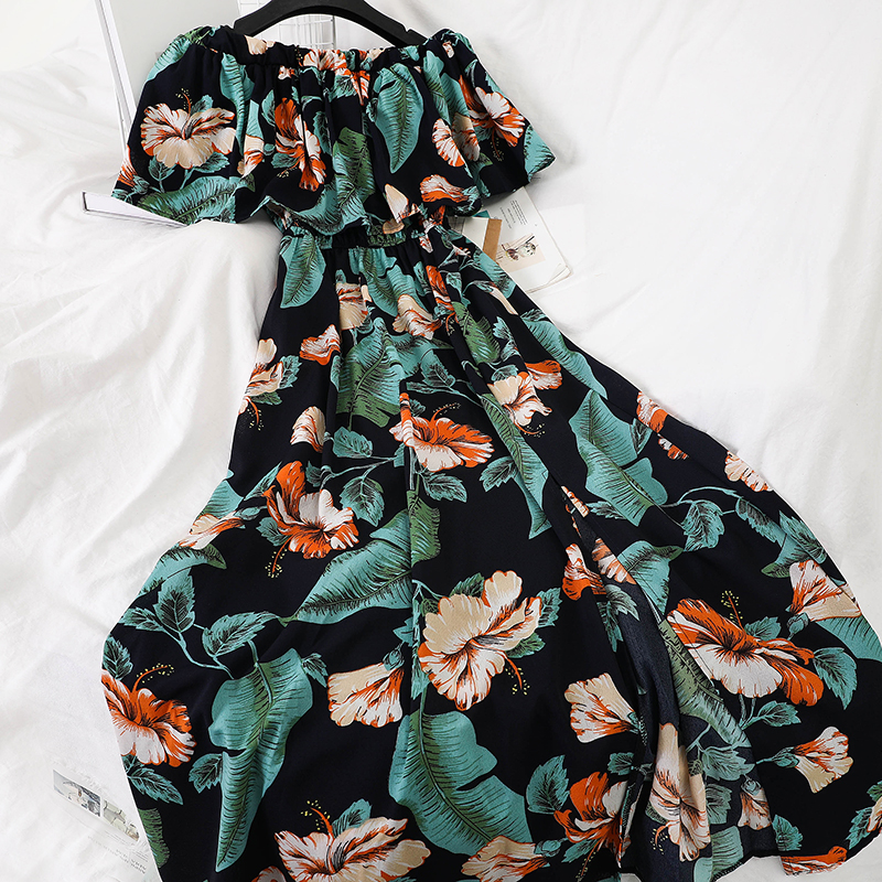 Green Leaves, NavyP850 fashion Straight collar skirt 2020 summer New products Ruffles Close your waist Show thin Scheming Split have more cash than can be accounted for Dress