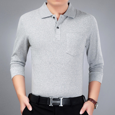 2018 người đàn ông mới của dài tay T-Shirt cotton lỏng trung niên cha nạp sọc ve áo bất pocket POLO áo sơ mi Áo phông dài