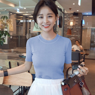 Mới của Hàn Quốc Slim Knit Ngắn Tay Nữ Mùa Hè Băng Lụa Đáy Áo Mỏng Vòng Cổ Màu Rắn T-Shirt của Phụ Nữ Cao Cổ Top áo khoác cardigan nữ form dài