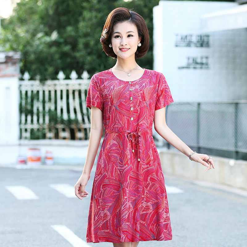Phụ nữ trung niên mùa hè kích thước lớn mẹ bông lụa váy bốn mươi tuổi người phụ nữ trung niên bông váy mùa hè ăn mặc