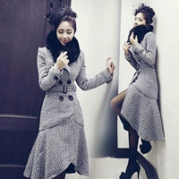 Áo khoác len nữ 2018 mùa đông mới Hàn Quốc khí hậu eo đôi ngực dài áo len đuôi cá áo khoác dạ kẻ caro dáng ngắn
