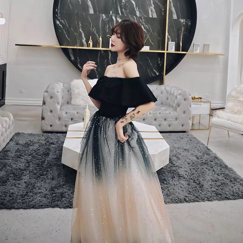 Evening dress, elegant black long starry sky, skirt, 2021 collection, new collection, open shoulders