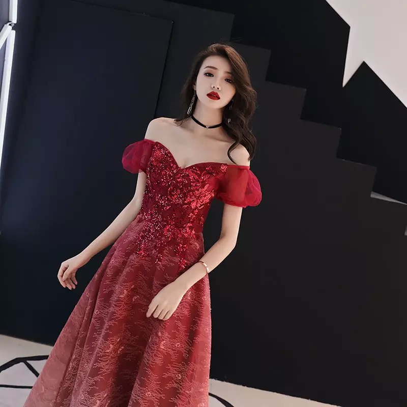 Long red evening dress for bride, 2021 collection, fitted, open shoulders