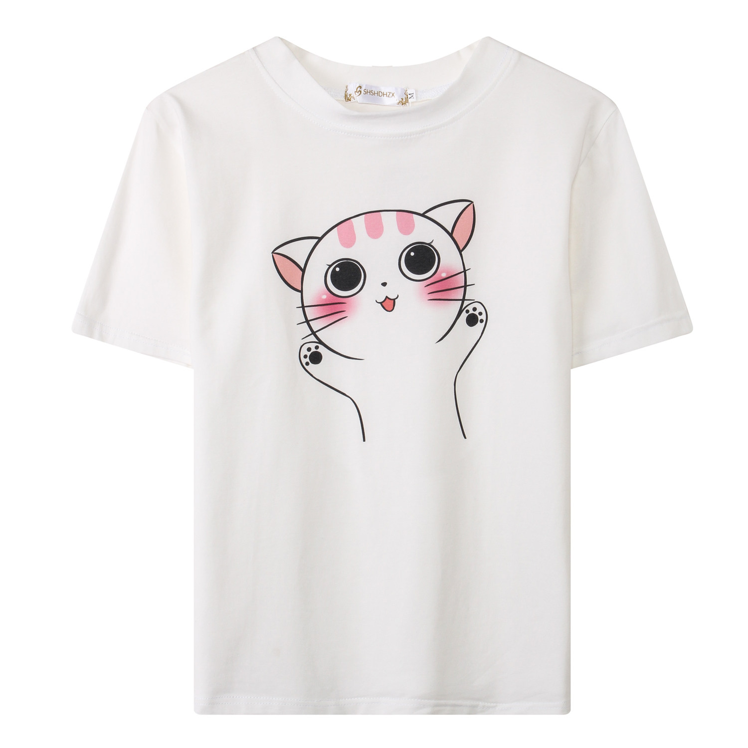 夏季新款韩版女装百搭白色简约卡通猫印花短袖t恤9011
