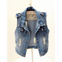 Mùa xuân và Mùa Thu Hàn Quốc phiên bản của lỗ mỏng đoạn ngắn không tay denim vest nữ mùa hè vest vest vest vai áo khoác áo khoác áo khoác nữ hàng hiệu