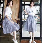 Váy hè nữ 2019 mới nhỏ xinh Một chiếc váy chữ Học sinh Hàn Quốc sọc hai mảnh phù hợp với phần dài - A-Line Váy