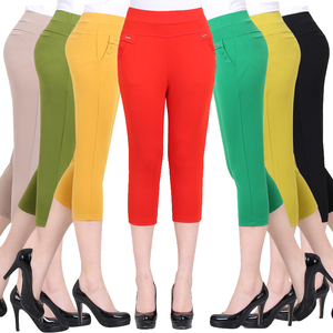 Mẹ nạp mùa hè cắt quần phụ nữ trung niên của quần lớn đàn hồi eo màu stretch xà cạp trung niên quần