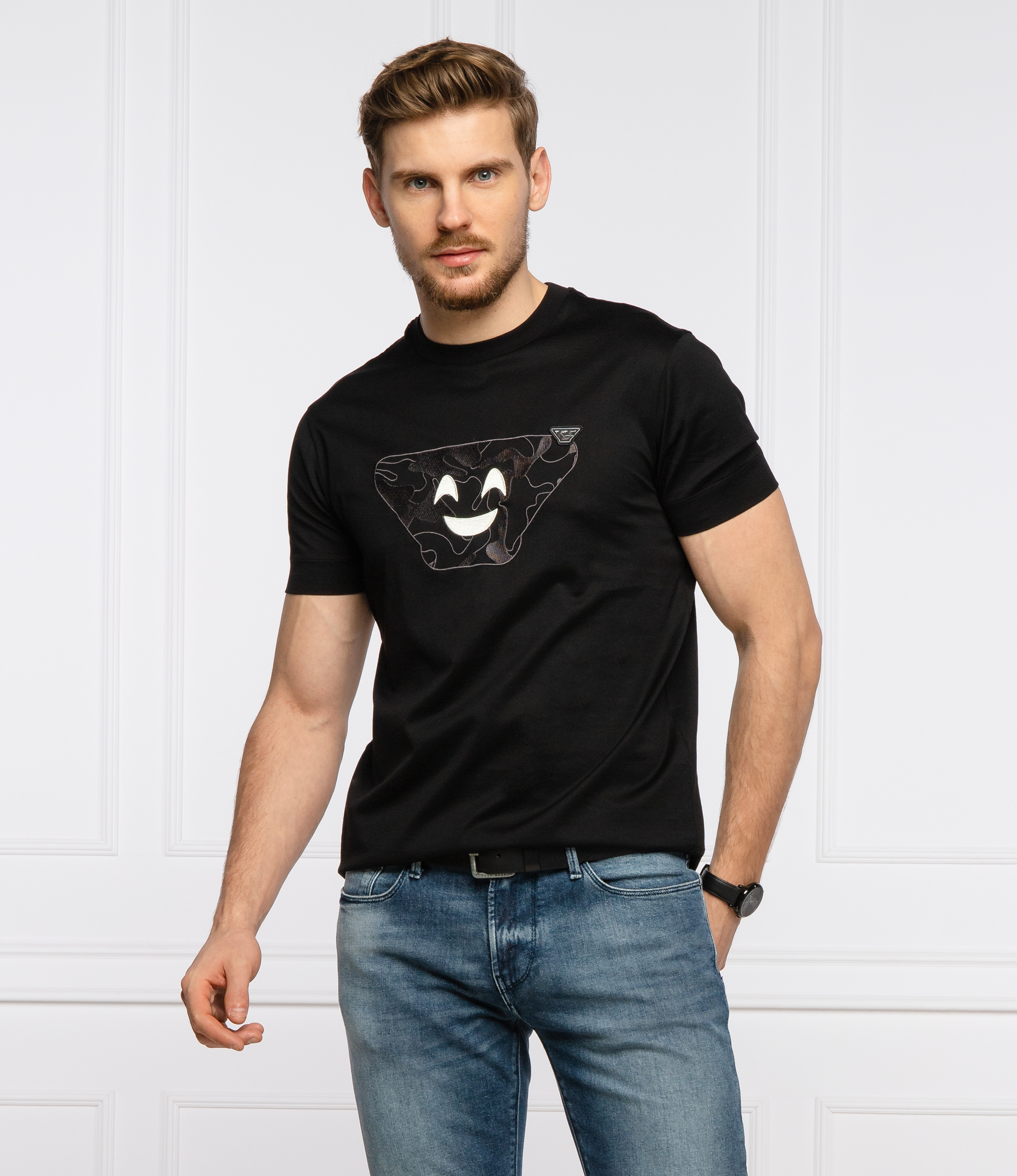 Black Embroidered Smile【 Special Offer 】 $ 1600 high-end Italy EA , 21 years paragraph pure cotton Mercerization Thin male Crew neck Short sleeve T-shirt