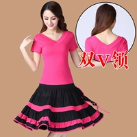 Двойная v -neck короткая розовая красная топ+розовая красная большая большая юбка