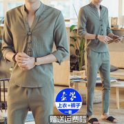 Mùa xuân và mùa hè Trung Quốc phong cách đàn ông thanh niên bông và vải lanh Trung Quốc phong cách mỏng tang phù hợp với phù hợp với hanfu hanfu cải thiện quốc gia trang phục thủy triều