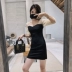 ◆ yang momo ◆ đầm ren Hàn Quốc cao eo ôm một từ váy đèn lồng tay áo màu đen khâu một bước váy A-Line Váy