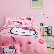 Hello Kitty phim hoạt hình mèo bông bộ đồ giường denim chải kt lanh chăn trẻ em gái bông - Bộ đồ giường bốn mảnh