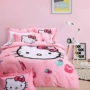 Hello Kitty phim hoạt hình mèo bông bộ đồ giường denim chải kt lanh chăn trẻ em gái bông - Bộ đồ giường bốn mảnh bộ drap giường