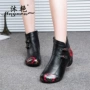 Mu Yan khởi động ngắn da quốc gia gió của phụ nữ giày trung niên cộng với nhung của phụ nữ khởi động mùa thu và mùa đông mẹ bông giày phong cách Trung Quốc duy nhất khởi động giày boot nữ cổ cao hàng hiệu