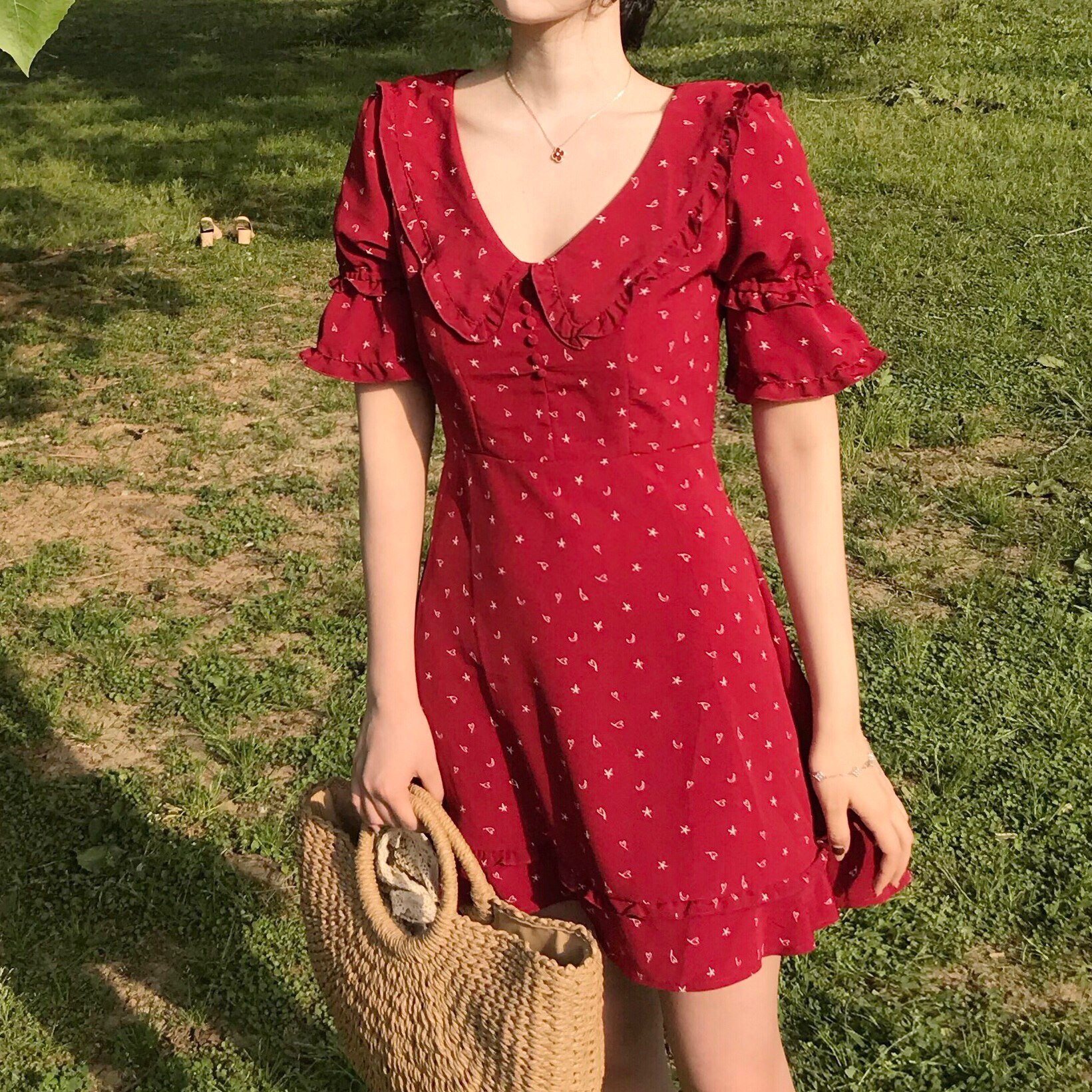 实拍 法式少女红色小水手印花海军领收腰显瘦高腰度假连衣裙