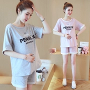 Phụ nữ mang thai phù hợp với thời trang mùa hè Phiên bản Hàn Quốc thể thao lỏng lẻo quần short tay ngắn mùa hè cotton hai mảnh mùa hè - Áo thai sản