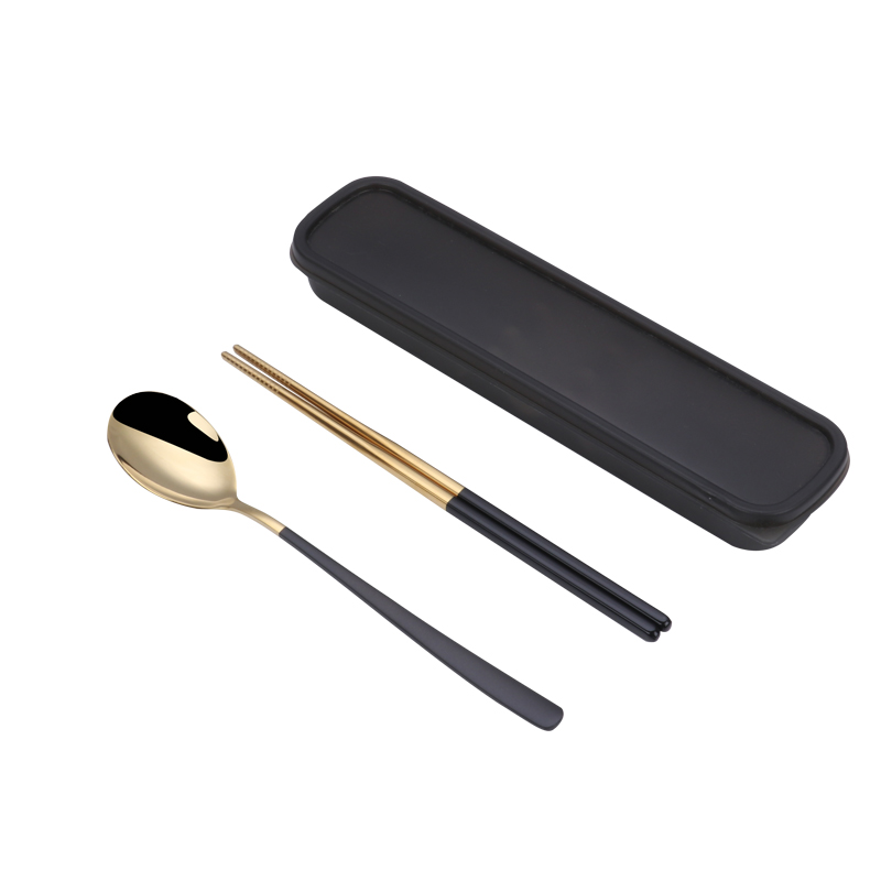 Black Gold Two Piece Set304 stainless steel Portable tableware suit chopsticks Portable Three piece set Fork Spoon chopsticks tableware customized logo