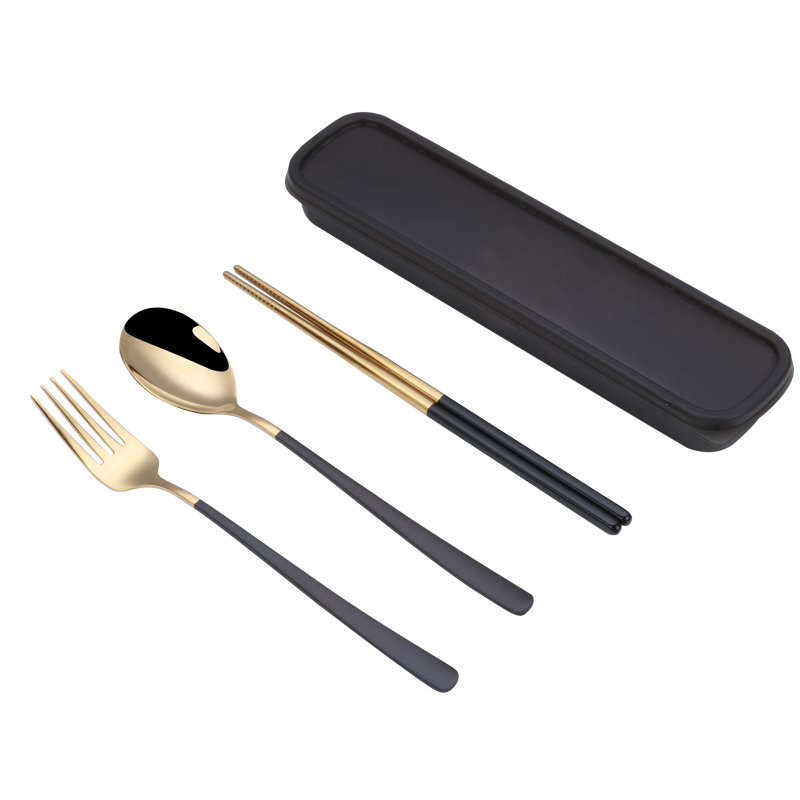Black Gold Three Piece Set304 stainless steel Portable tableware suit chopsticks Portable Three piece set Fork Spoon chopsticks tableware customized logo