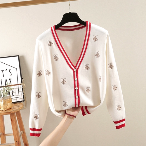 [Распродажа] Легкий роскошный нишевый свитер из ледяного шелка с вышивкой пчелы в студенческом стиле, цветной блок, весенне-осенний маленький свитер-пальто