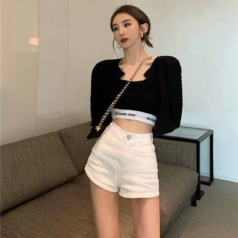 白色紧身牛仔短裤女夏季薄款韩版2022年新款高腰显瘦包臀a字热裤