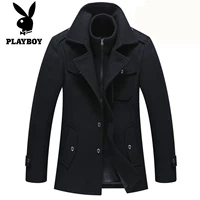 Playboy VIP len áo khoác mùa đông dày đôi cổ trung niên áo len dài trench coat áo jean nam