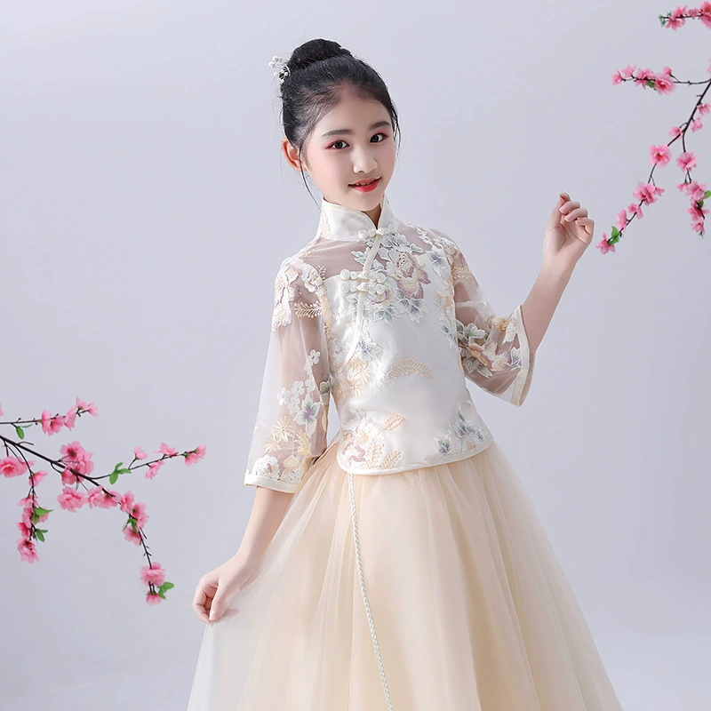 Cô gái guzheng trang phục cổ tích phong cách Trung Quốc mô hình sàn catwalk Cô gái cổ điển Trang phục Trung Quốc cải tiến sườn xám hanfu - Váy trẻ em