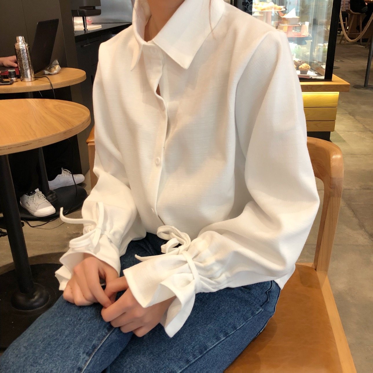 实拍实价韩版小清新百搭喇叭袖拉绳宽松纯色长袖衬衫女3003