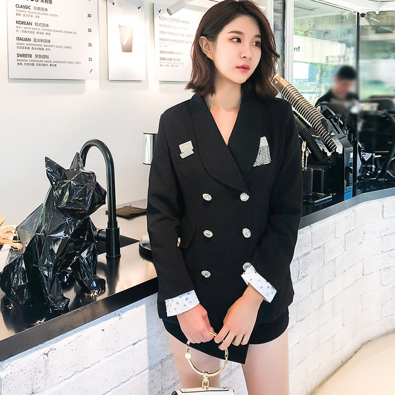 Tua Rhinestone Trâm Nhỏ Màu Đen Blazer 2018 Mùa Thu Mới Cuff Kim Cương Dress Đôi Ngực Eo Nữ