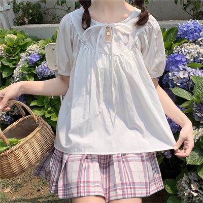 taobao agent Japanese cute universal belt, jacket, bra top, summer clothing, 2021 collection, puff sleeves, with short sleeve