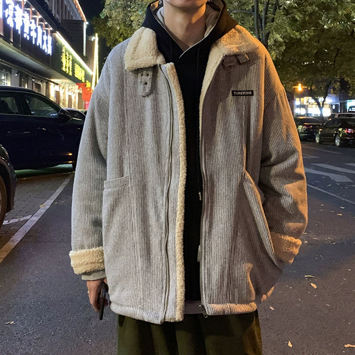 Áo khoác len lông cừu mùa đông cộng với nhung dày nhỏ, áo khoác cotton tươi mới của nam giới thương hiệu in xu hướng áo len cotton của Hàn Quốc - Bông