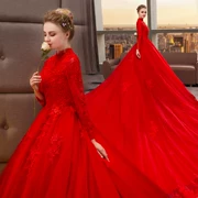 Đầm dự tiệc cưới 2018 thu đông mới dài tay đứng cổ áo dài Qi thon gọn Váy cưới cô dâu đỏ đơn giản