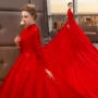 Đầm dự tiệc cưới 2018 thu đông mới dài tay đứng cổ áo dài Qi thon gọn Váy cưới cô dâu đỏ đơn giản dây nịt tất da nữ