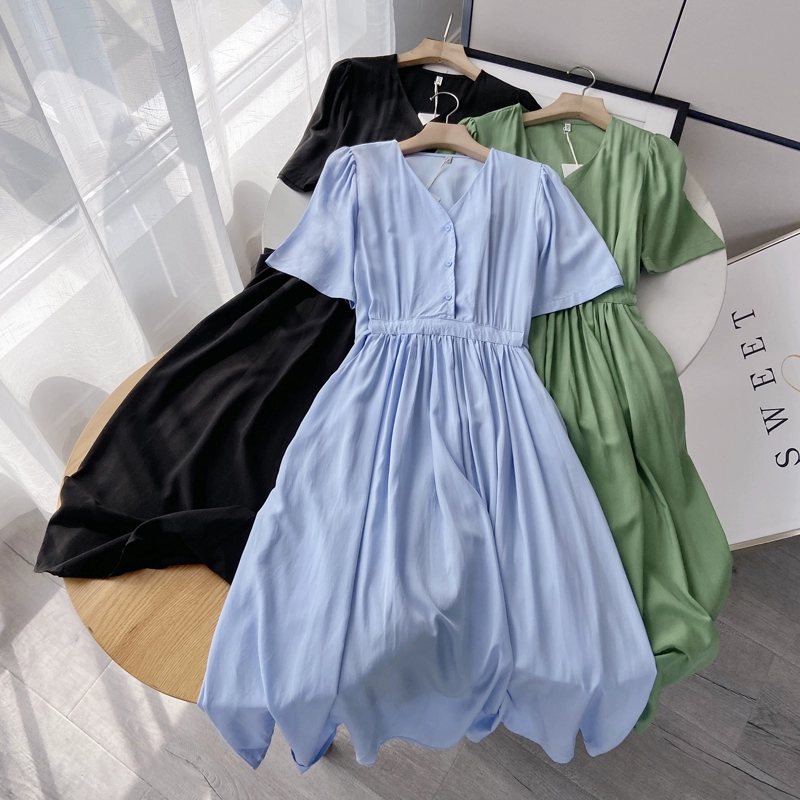 Ngoại thương quần áo nữ mùa hè phong cách mới Khí chất Pháp Phong cách Hepburn thắt lưng cổ chữ V Váy chữ A váy dài nữ - A-Line Váy