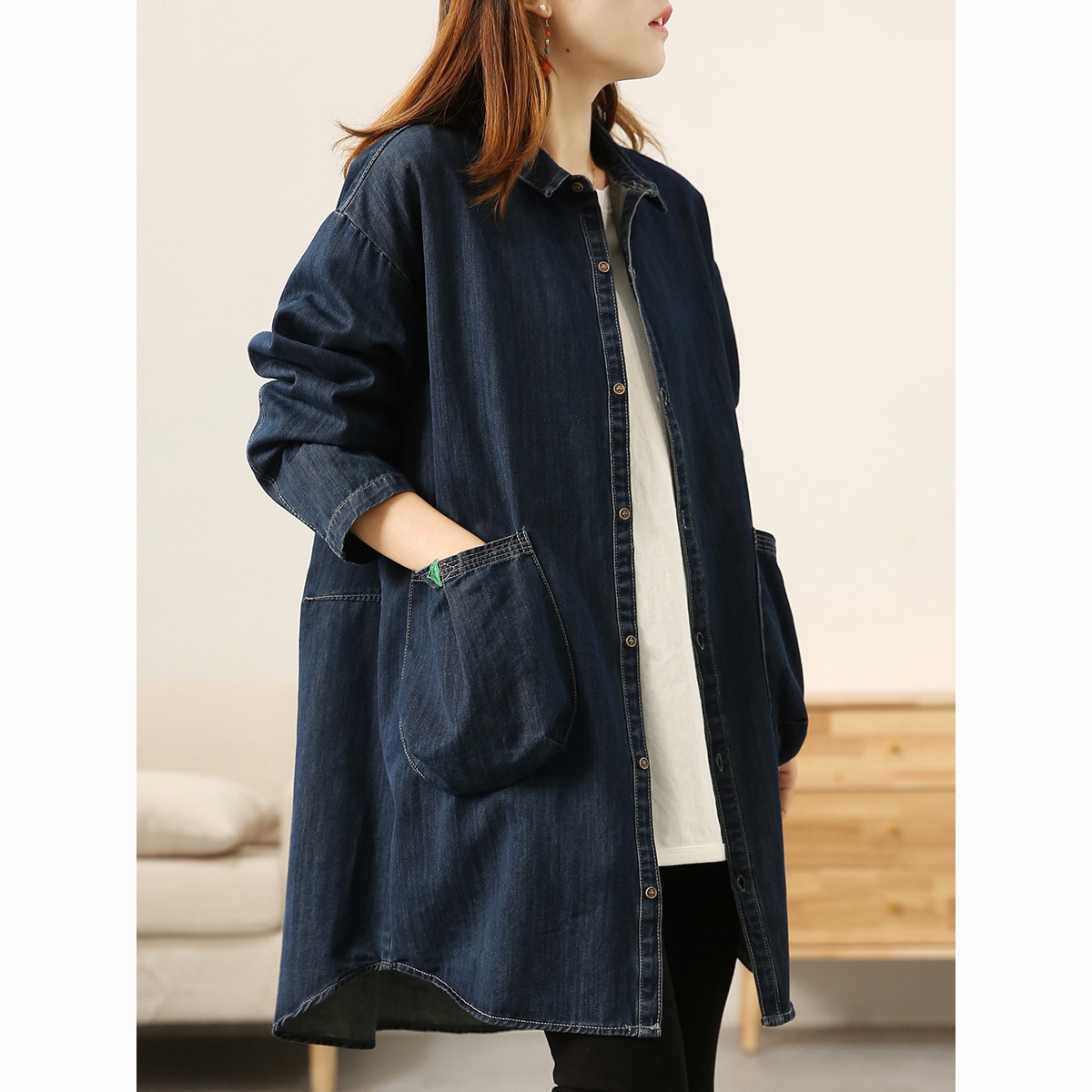 Fresh long shirt, trench coat for leisure, jacket, for luck, mid-length, polo collar, plus size