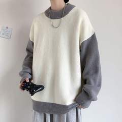 寬鬆情侶裝韓版毛衣男套頭外搭上衣潮流拼色圓領針織衫秋冬季加厚
