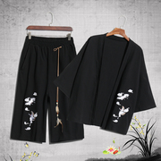 Bông và vải lanh gia đình gốc gió của Trung Quốc cẩu thêu cardigan phù hợp với mùa hè mới lỏng kích thước lớn cắt quần phù hợp với