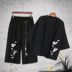 Bông và vải lanh gia đình gốc gió của Trung Quốc cẩu thêu cardigan phù hợp với mùa hè mới lỏng kích thước lớn cắt quần phù hợp với Bộ đồ