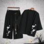 Bông và vải lanh gia đình gốc gió của Trung Quốc cẩu thêu cardigan phù hợp với mùa hè mới lỏng kích thước lớn cắt quần phù hợp với quần áo unisex