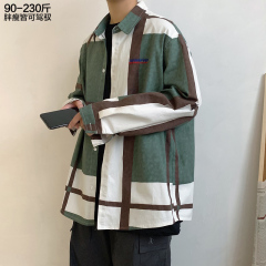 襯衫男夏季復古格子外套寬鬆休閒短袖撞色百搭上衣潮流長袖襯衣
