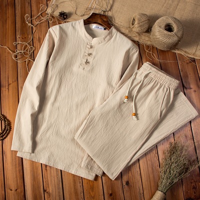 Mùa xuân và mùa hè người đàn ông trung niên của lanh dài tay T-Shirt phù hợp với phần mỏng trung và cũ tuổi cotton và linen quần hai mảnh cha Áo phông dài